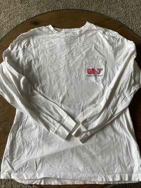Vineyard Vines White Long Sleeve Pocket Tee with Pink Whale Logo